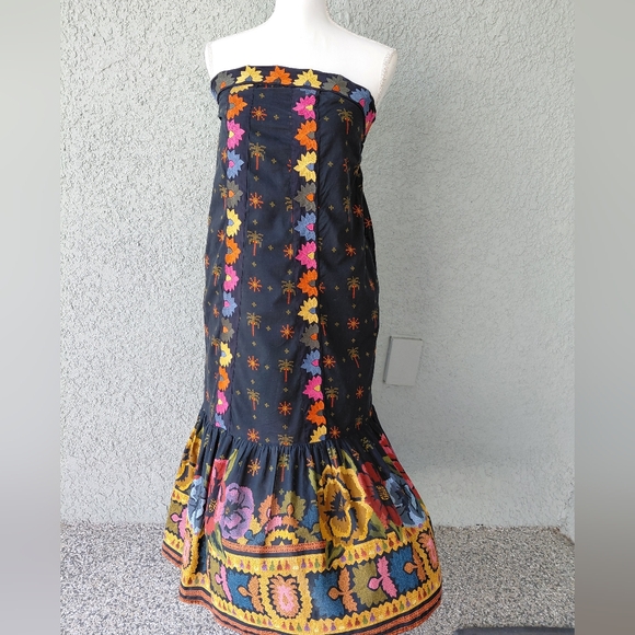 Farm Rio Embroidered Cutout / Strapless Ruffle Dress. - Picture 2 of 10